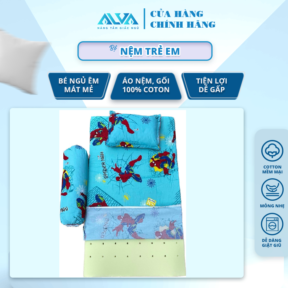 BỘ NỆM GỐI COTTON GA BỌC CHO BÉ ALVA CÓ GỐI NẰM, GỐI ÔM, ÁO NỆM 100% COTTON PHÙ HỢP CHO TRẺ HỌC MẪU 