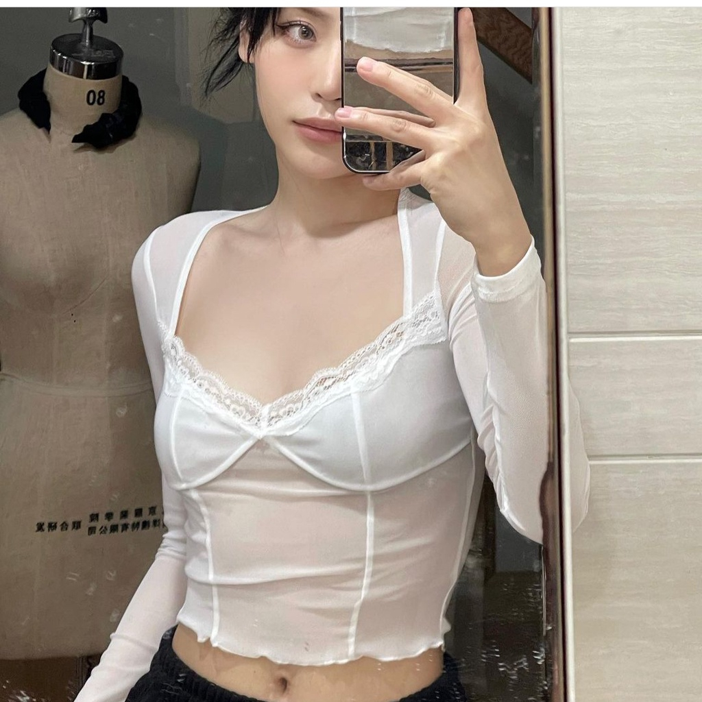 Áo lưới nữ,áo ren lưới croptop dài tay ôm body xuyên thấu sexy đi biển