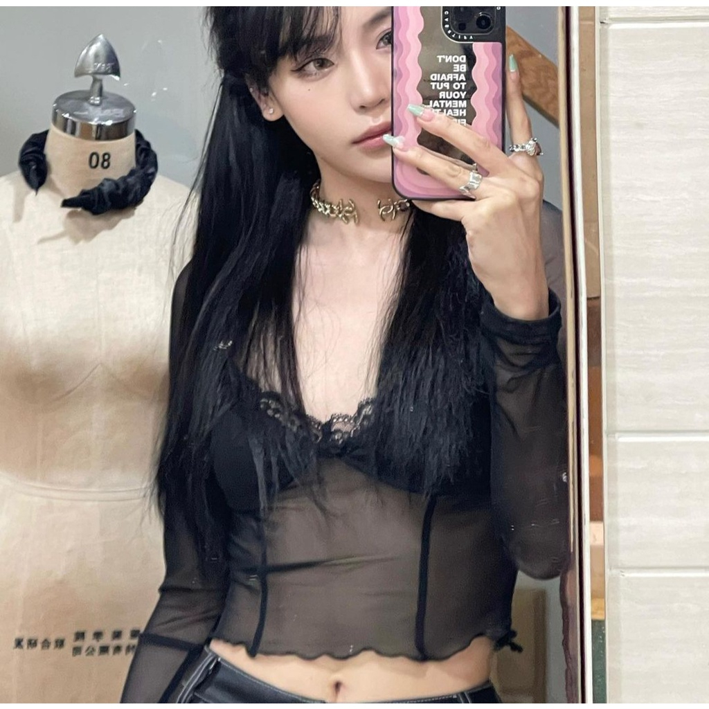 Áo lưới nữ,áo ren lưới croptop dài tay ôm body xuyên thấu sexy đi biển
