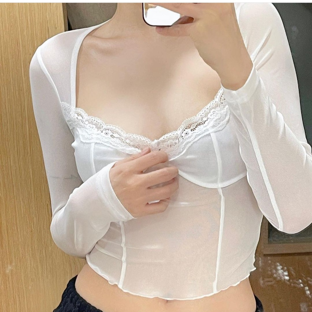 Áo lưới nữ,áo ren lưới croptop dài tay ôm body xuyên thấu sexy đi biển
