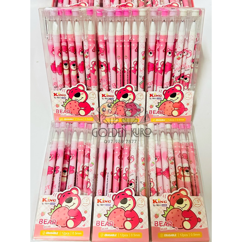 HỘP 12 CÂY VIẾT GEL XOÁ NẮP GẤU DÂU LOTSO - MỰC XANH/TÍM