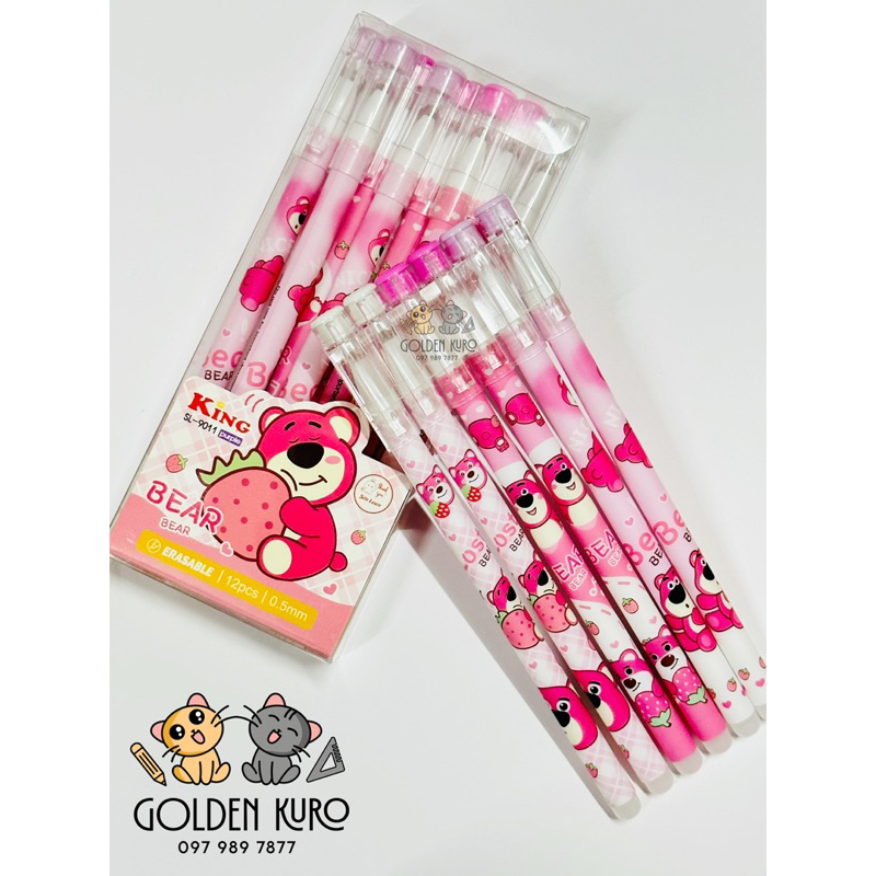 HỘP 12 CÂY VIẾT GEL XOÁ NẮP GẤU DÂU LOTSO - MỰC XANH/TÍM