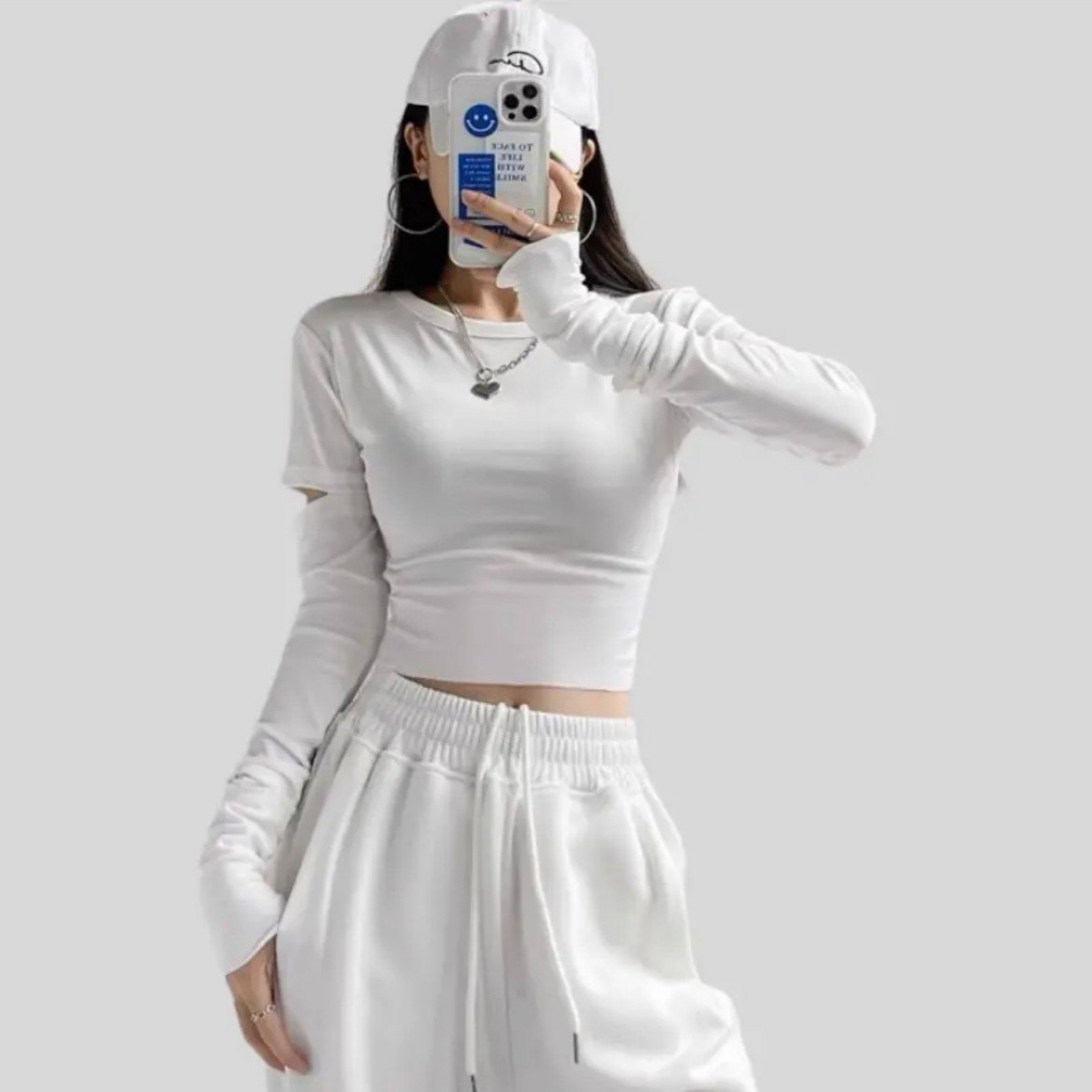 Áo phông nữ,áo thun tăm dài tay khoét vai,áo hở vai,áo khoét hai bên vai xẻ tay tôn dáng chất liệu gân tăm cực dày dặn