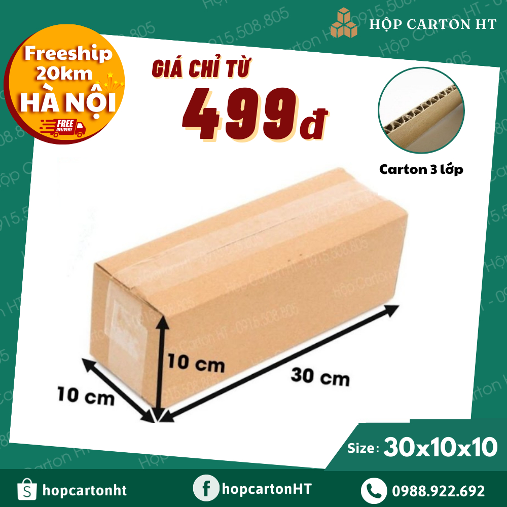 Combo 100 Hộp Giấy Carton Gói Hàng 30x10x10 Thùng Carton Đóng Hàng COD Chất Liệu Carton 3 Lớp Dày Dặn - Hộp Carton HT