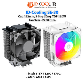 Tản nhiệt chip cpu id-cooling se-30, 3 ống đồng, tdp 130w, fan 9cm, có hỗ trợ socket 1700 / am5.