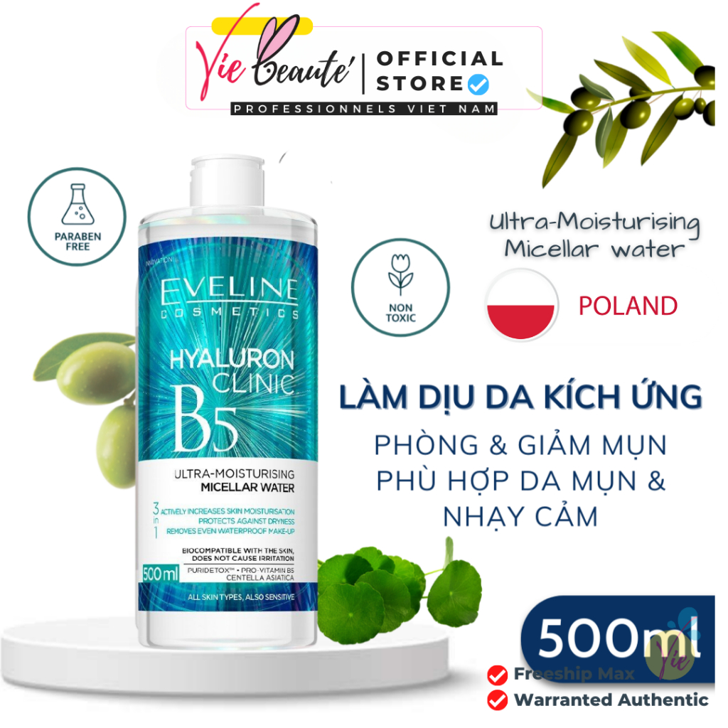 Nước Tẩy Trang Eveline Hyaluron Clinic B5 Ultra Moisturising Micellar Water Dưỡng Ẩm Cho Da 500ml