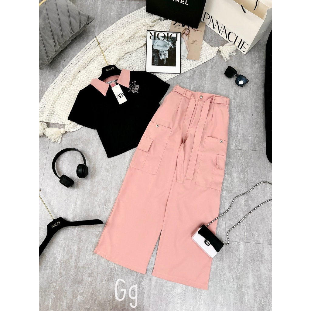 Set bộ đồ nữ áo đen croptop polo thêu chữ Mix quần túi hộp màu hồng pastel hottrend