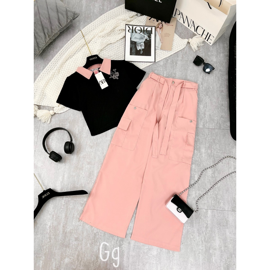 Set bộ đồ nữ áo đen croptop polo thêu chữ Mix quần túi hộp màu hồng pastel hottrend