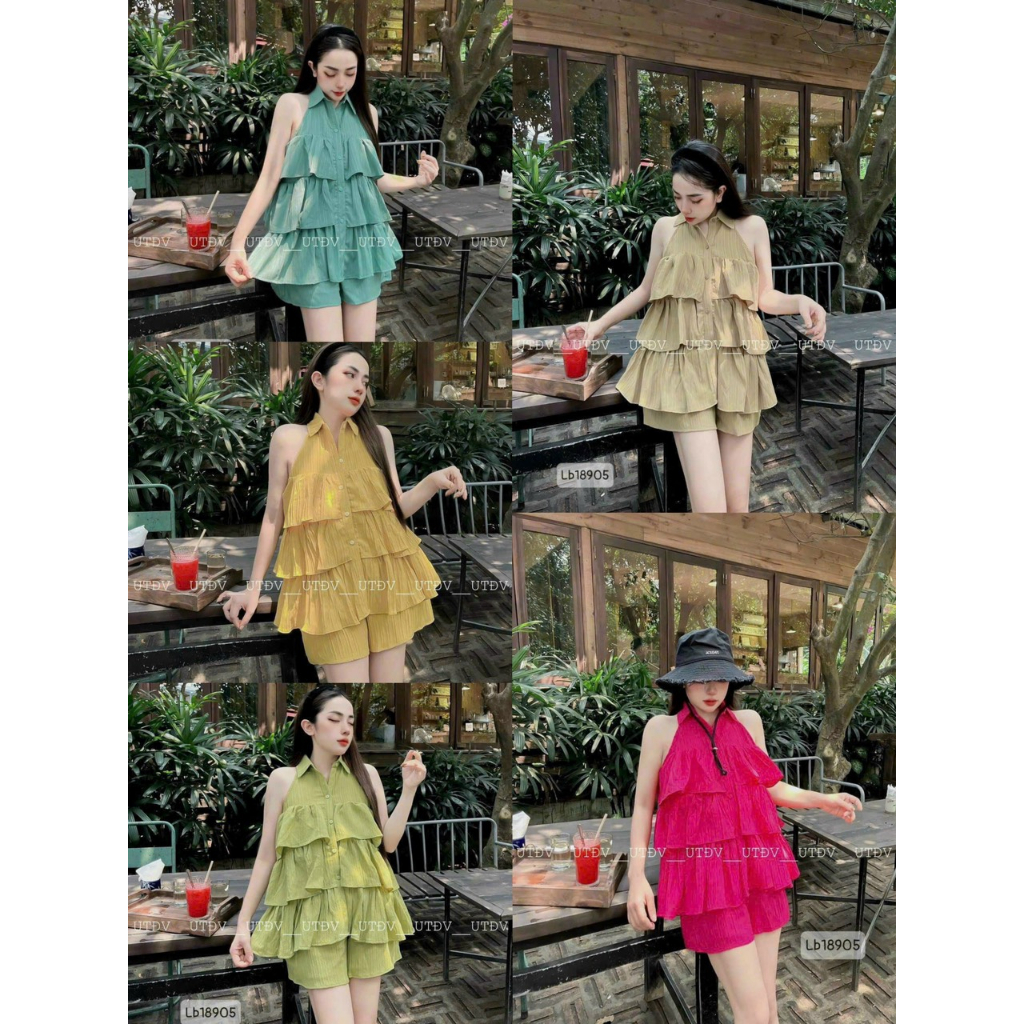 Set bộ đũi xốp cổ bẻ tầng bèo sát tay mix quần short mặc nhà đi chơi, dễ thường 5 màu