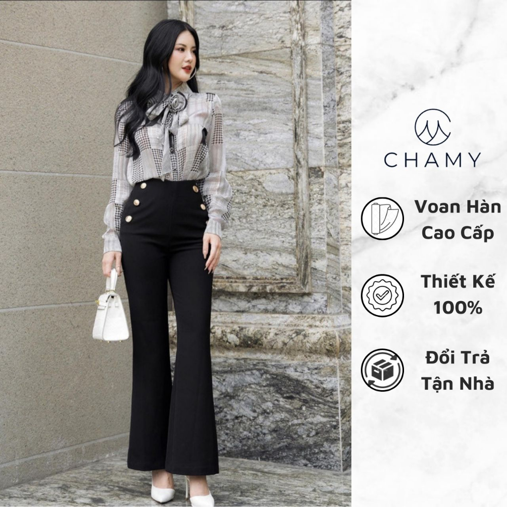 Áo Kiểu 𝐂𝐇𝐀𝐌𝐘 Gines Dáng Basic Phối Nơ Mix Họa Tiết Zigzag Chất Voan Kim Tuyến Cao Cấp