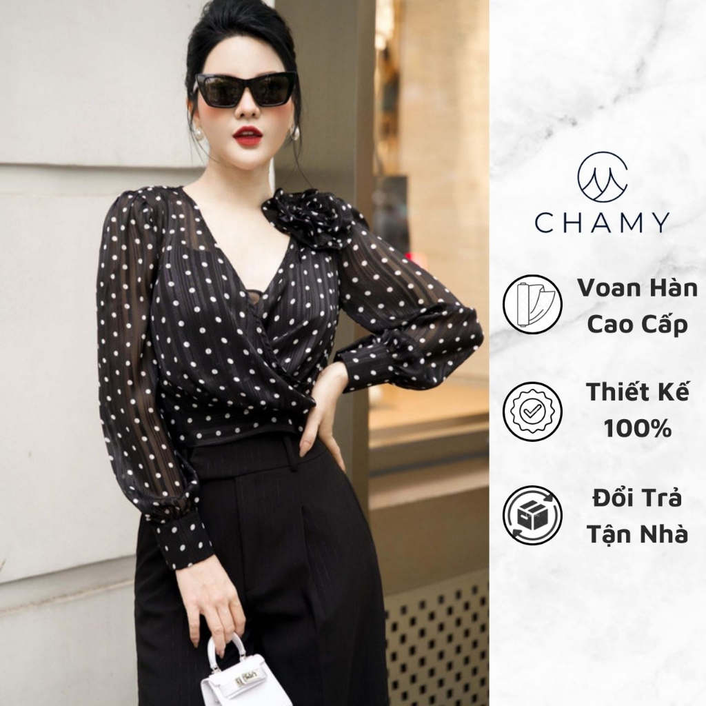 Áo Kiểu 𝐂𝐇𝐀𝐌𝐘 Misia Thiết Kế Cổ Chéo Nhấn Hoa Vai Tinh Tế Chất Voan Hàn Cao Cấp