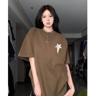FOCUS áo phông nữ fashion thời nâu retro trắng cổ tròn áo thun unisex bigsize 100%cotton