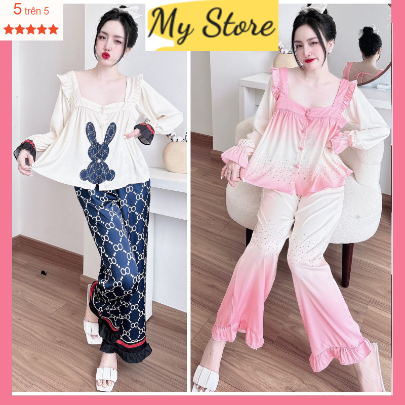 Đồ ngủ Pyjama nữ dài tay dễ thương, đồ bộ mặc nhà lụa Latin loại 1 in 3D hàng thiết kế Freesize dưới 60kg MY STORE
