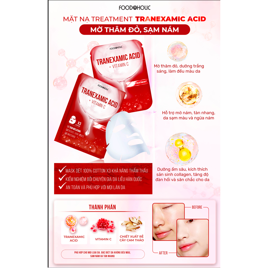 MẶT NẠ FOODAHOLIC TRANEXAMIC ACID  MỜ THÂM ĐỎ, SẠM NÁM TRANEXAMIC ACID AMPLE MASK