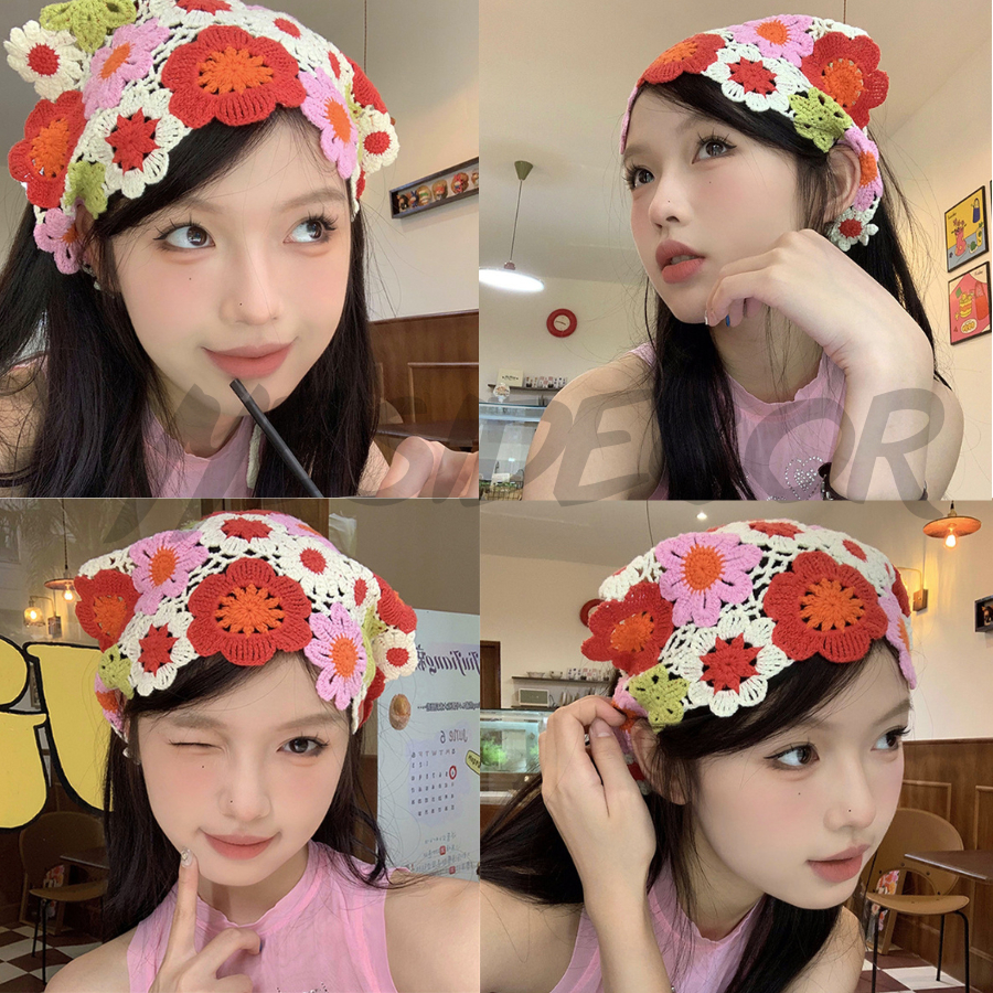 Băng đô đan len, Khăn trùm đầu, băng đô tam giác thêu đội đầu dễ thương