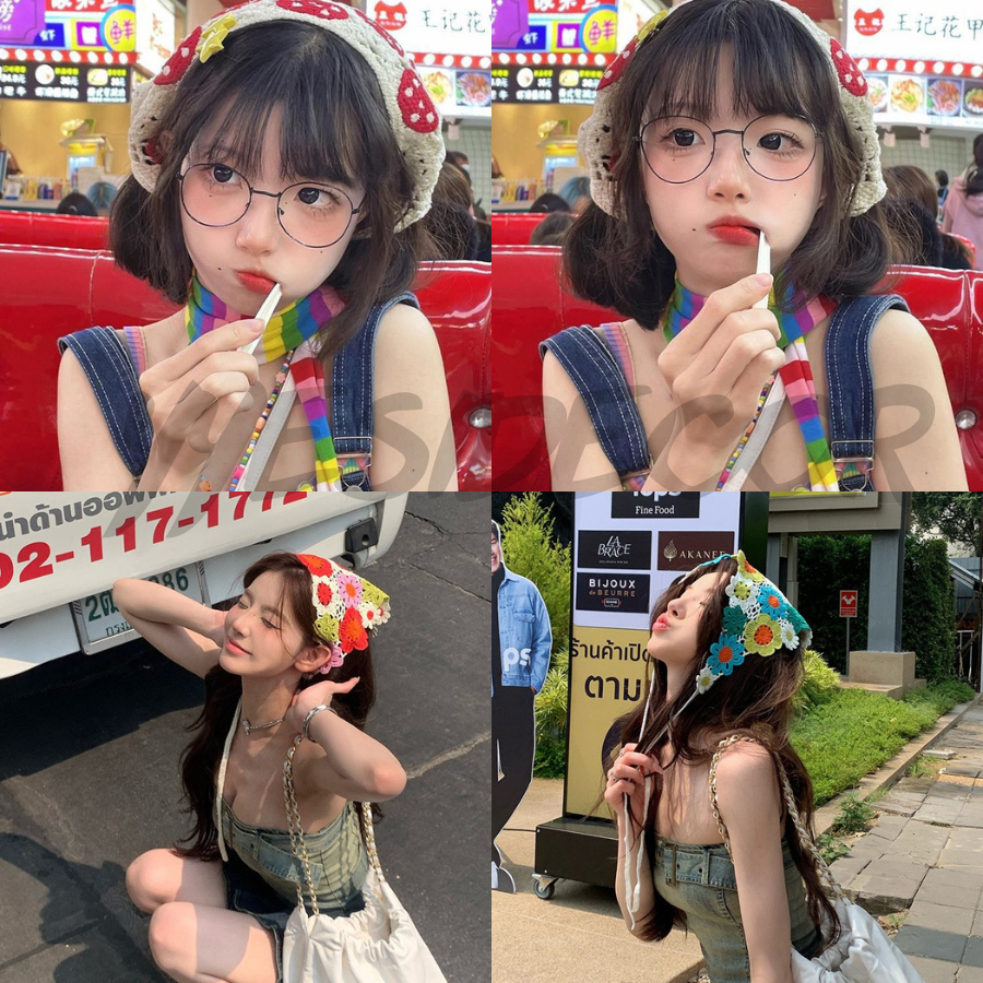 Băng đô đan len, Khăn trùm đầu, băng đô tam giác thêu đội đầu dễ thương