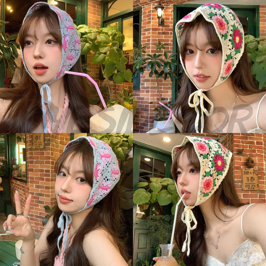 Băng đô đan len, Khăn trùm đầu, băng đô tam giác thêu đội đầu dễ thương