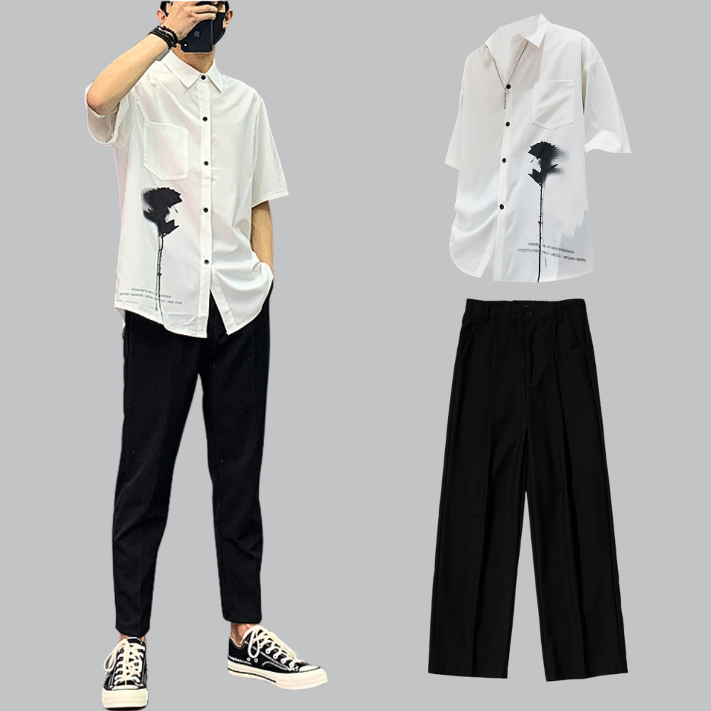 Combo Áo Sơ Mi Ngắn Tay Họa Tiết Hoa Hồng Phai Kết Hợp Quần Baggy thun Stylemarven - SOMI 041 + JOGGER 063