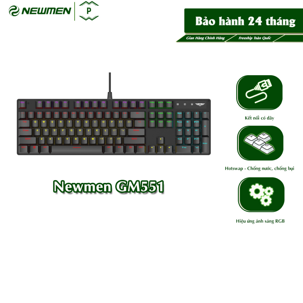 Bàn phím cơ có dây Gaming Newmen GM551, hotswap, chống nước, chống bụi, ánh sáng RGB, DIY tùy chỉnh, bảo hành 24 tháng