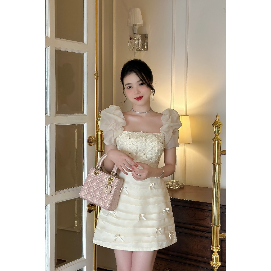 Đầm Dạ Hội Dáng Ngắn Váy Chữ A Đính Đá Tay Bồng Sang Chảnh_LERIN V397