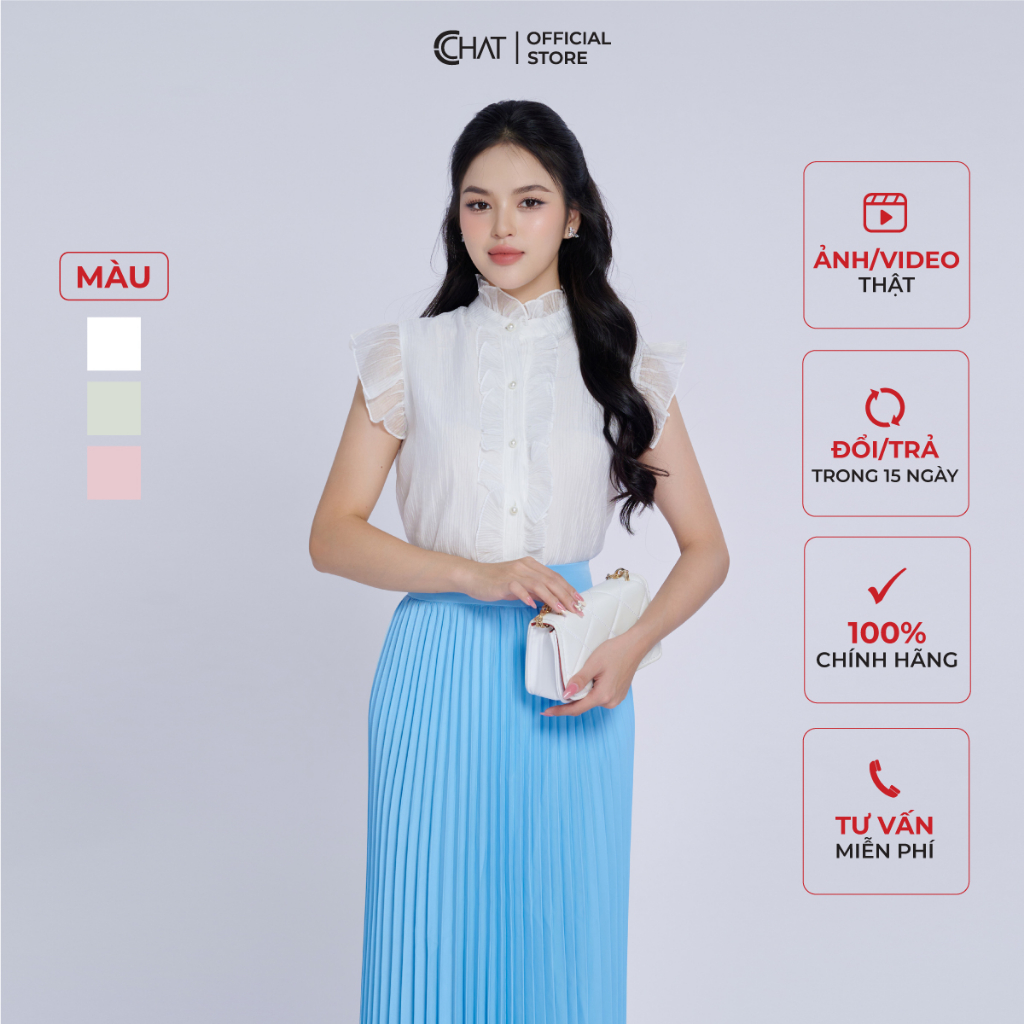 Áo Kiểu Nữ 𝐂𝐂𝐇𝐀𝐓 Bèo Nẹp Sát Nách Dáng Suông Chất Voan Cao Cấp 13FNV2019ST
