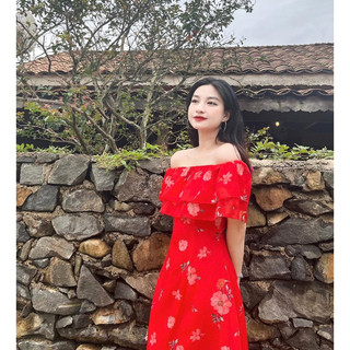 váy trễ vai hoa chiết eo (V114)