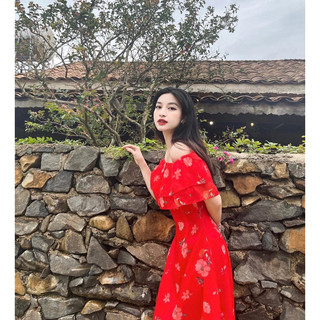 váy trễ vai hoa chiết eo (V114)