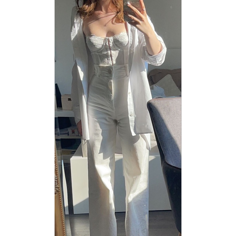 Áo corset 2 dây định hình phối ren trắng dày dặn