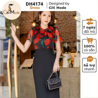 Đầm công sở CITI MODE FASHION thiết kế dáng ôm hoa đỏ phối chân váy đen DH4174