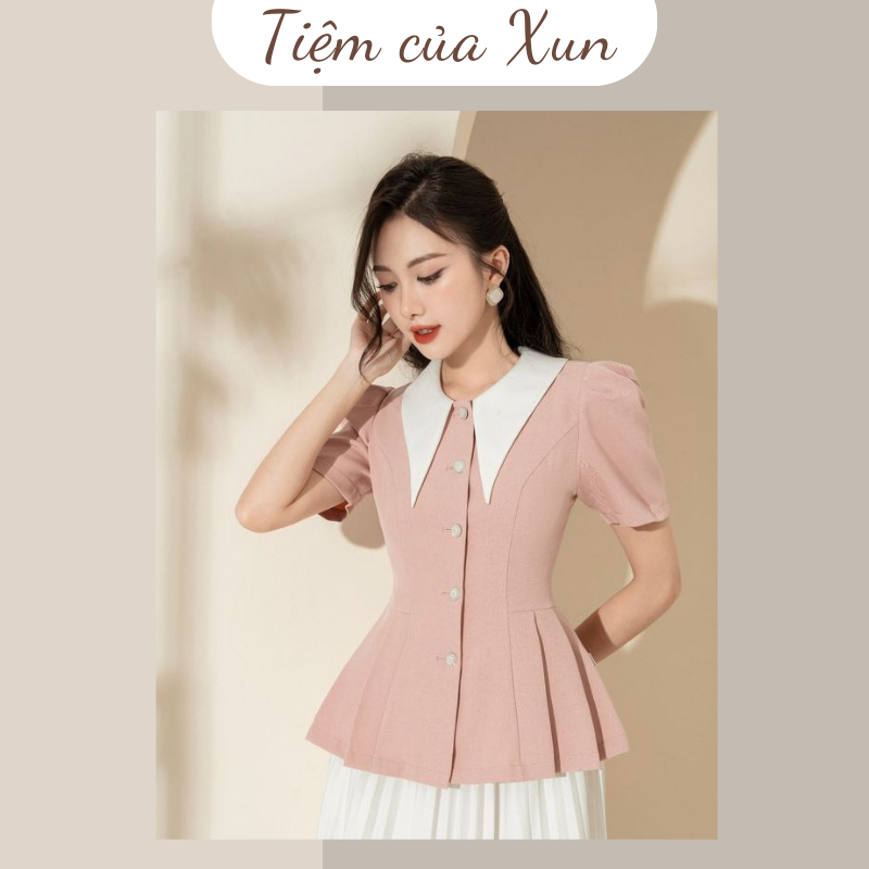 Áo Sơ Mi Dáng Peplum Cổ Nhọn Phối Xếp Li Eo Siêu Hack Dáng Mặc Đi Chơi Đi Làm