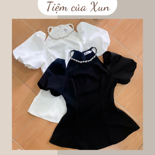 Áo Sơ Mi Tuyết Mưa Khoét Vai Cổ Yếm Đính Đá Xịn