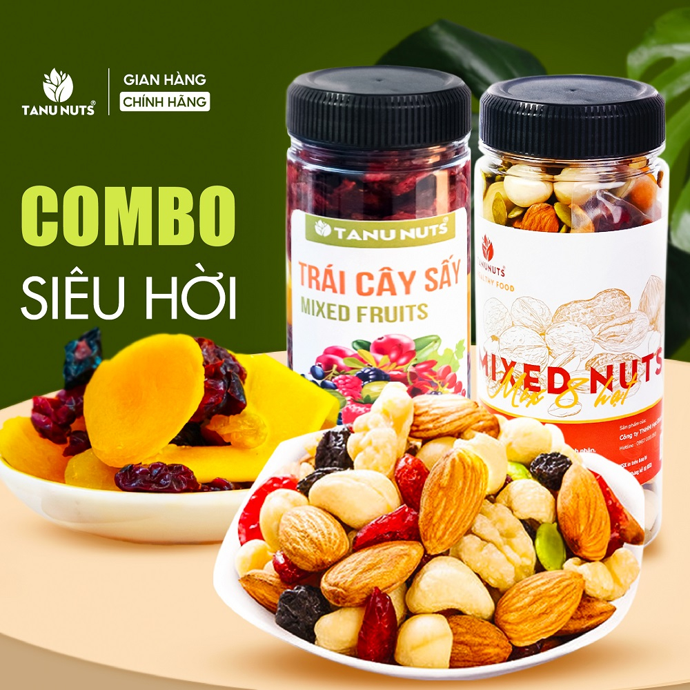 Combo trái cây sấy dẻo hũ 400g và mix 8 hạt dinh dưỡng hũ 350g TANU NUTS.