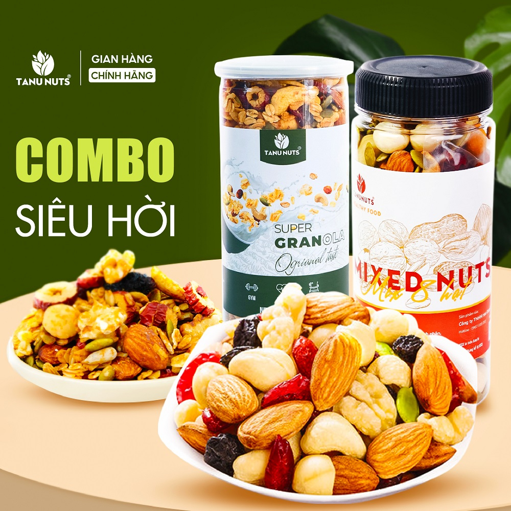 Combo hạt dinh dưỡng mix 8 loại hũ 350g và granola siêu hạt 15% yến mạch hũ 500g TANU NUTS.