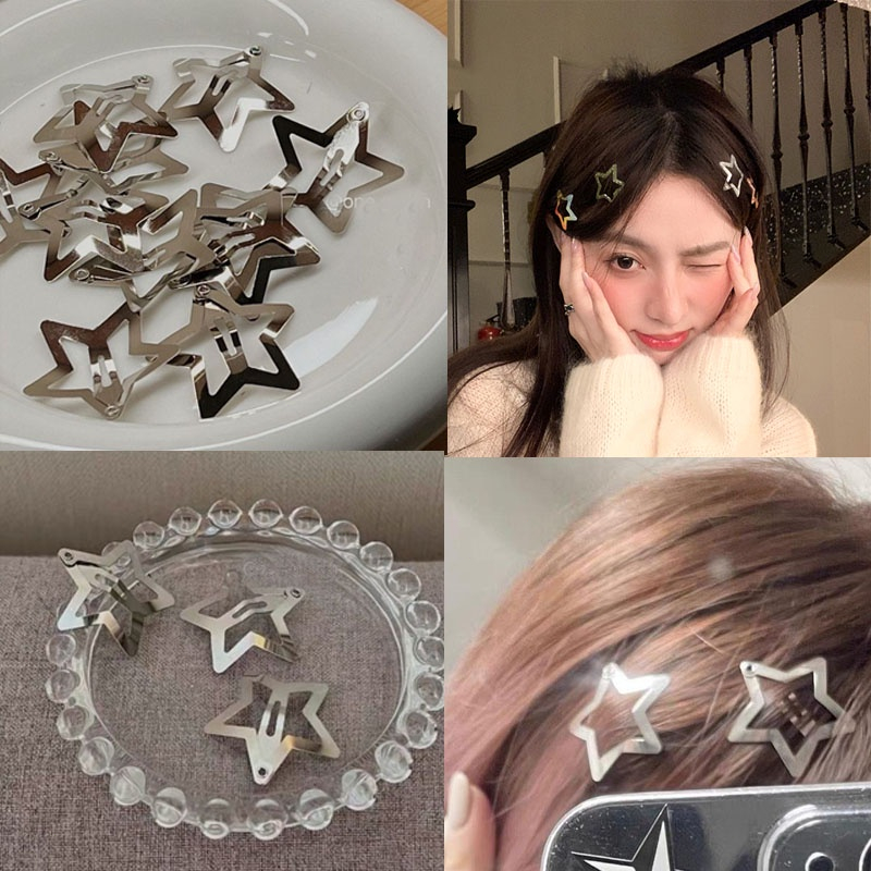 💓Kẹp Tóc Hình Ngôi Sao Năm Cánh Bằng Kim Loại Bạc Dễ Thương Cho Nữ Y2k