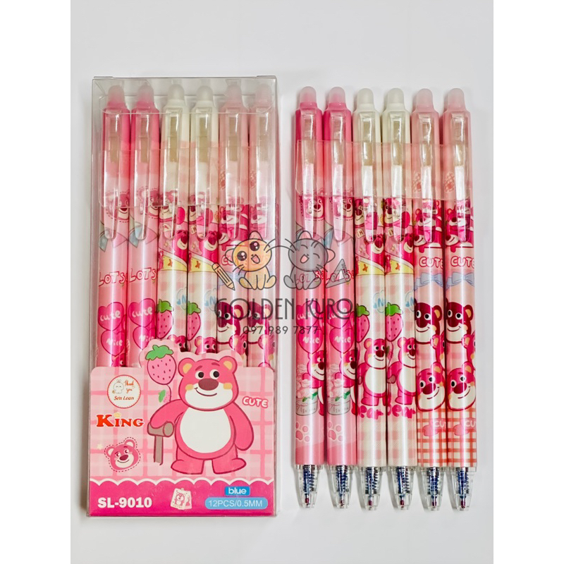 Hộp 12 cây Viết gel bấm xóa được mực xanh/tím hình gấu dâu Lotso dễ thương SL