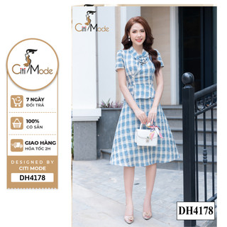 Đầm công sở CITI MODE FASHION thiết kế peplum kẻ caro xanh cổ bẻ đính hoa DH4178