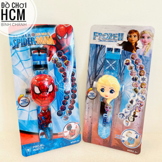 [CHIẾU 24 HÌNH] Đồ chơi trẻ em đồng hồ đeo tay chiếu hình ảnh lên tường 3D Spider man, công chúa búp bê Elsa, xem giờ