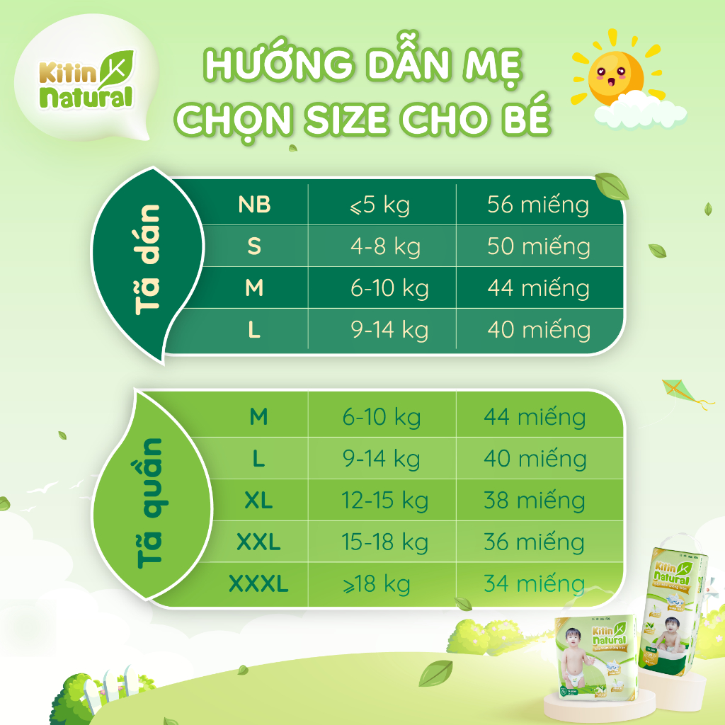 Tã/Bỉm dán Kitin Natural size NB56/S50/M44/L40