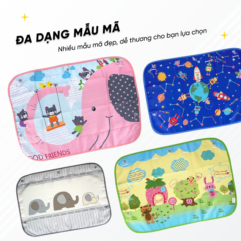 Rèm Vải Che Nắng Ô Tô Hàn Quốc Phối Hình Dễ Thương Có Gắc Hút