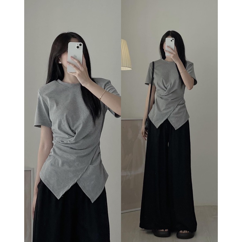 Áo thun nữ cổ tròn, áo phông nữ trơn nhún eo vạt nhọn nhiều màu 199T