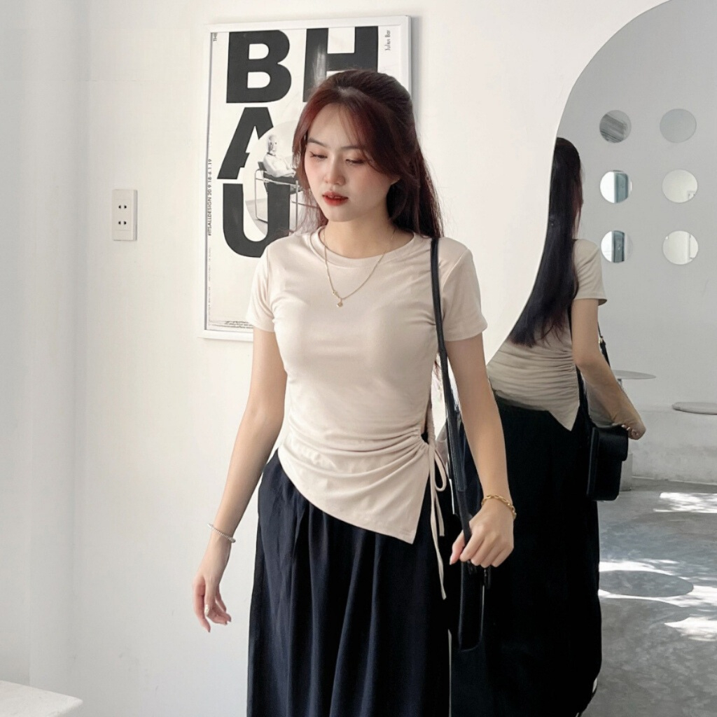 Áo thun nữ cổ tròn khoét eo bên, áo phông nữ trơn rút dây vạt chéo nhiều màu 200T