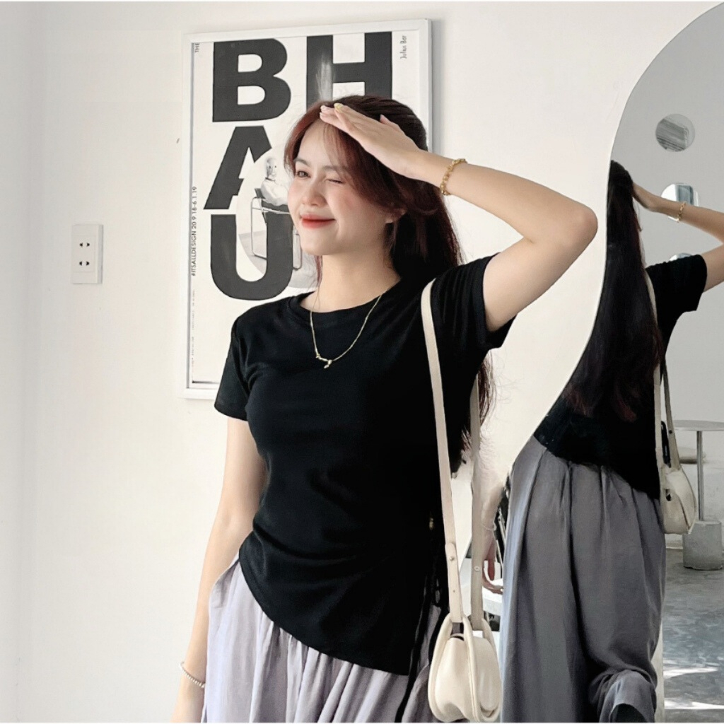 Áo thun nữ cổ tròn khoét eo bên, áo phông nữ trơn rút dây vạt chéo nhiều màu 200T