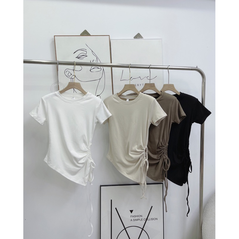 Áo thun nữ cổ tròn khoét eo bên, áo phông nữ trơn rút dây vạt chéo nhiều màu 200T