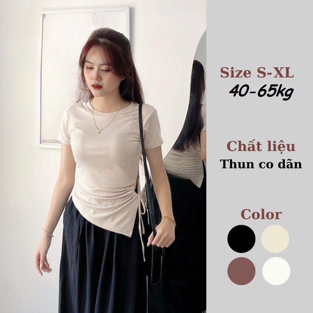 Áo thun nữ cổ tròn khoét eo bên, áo phông nữ trơn rút dây vạt chéo nhiều màu 200T