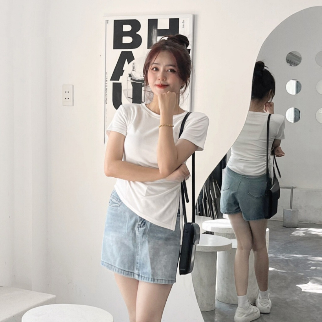 Áo thun nữ cổ tròn khoét eo bên, áo phông nữ trơn rút dây vạt chéo nhiều màu 200T