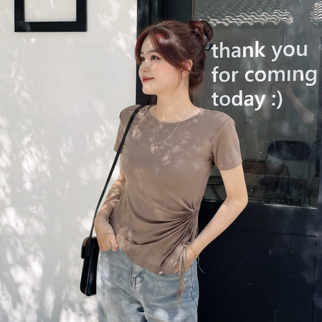 Áo thun nữ cổ tròn khoét eo bên, áo phông nữ trơn rút dây vạt chéo nhiều màu 200T