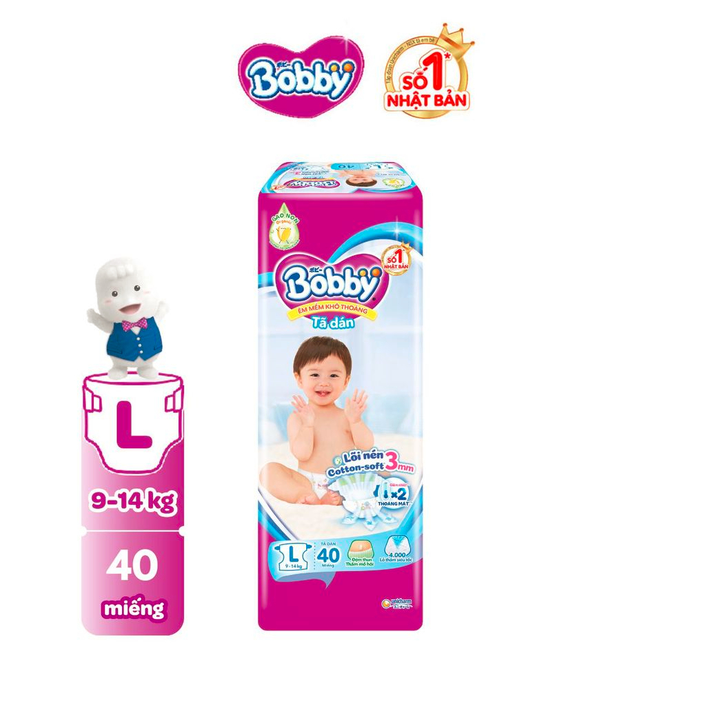 Tã dán Bobby size L cho bé từ 8-15kg lõi nén cotton-soft 3mm