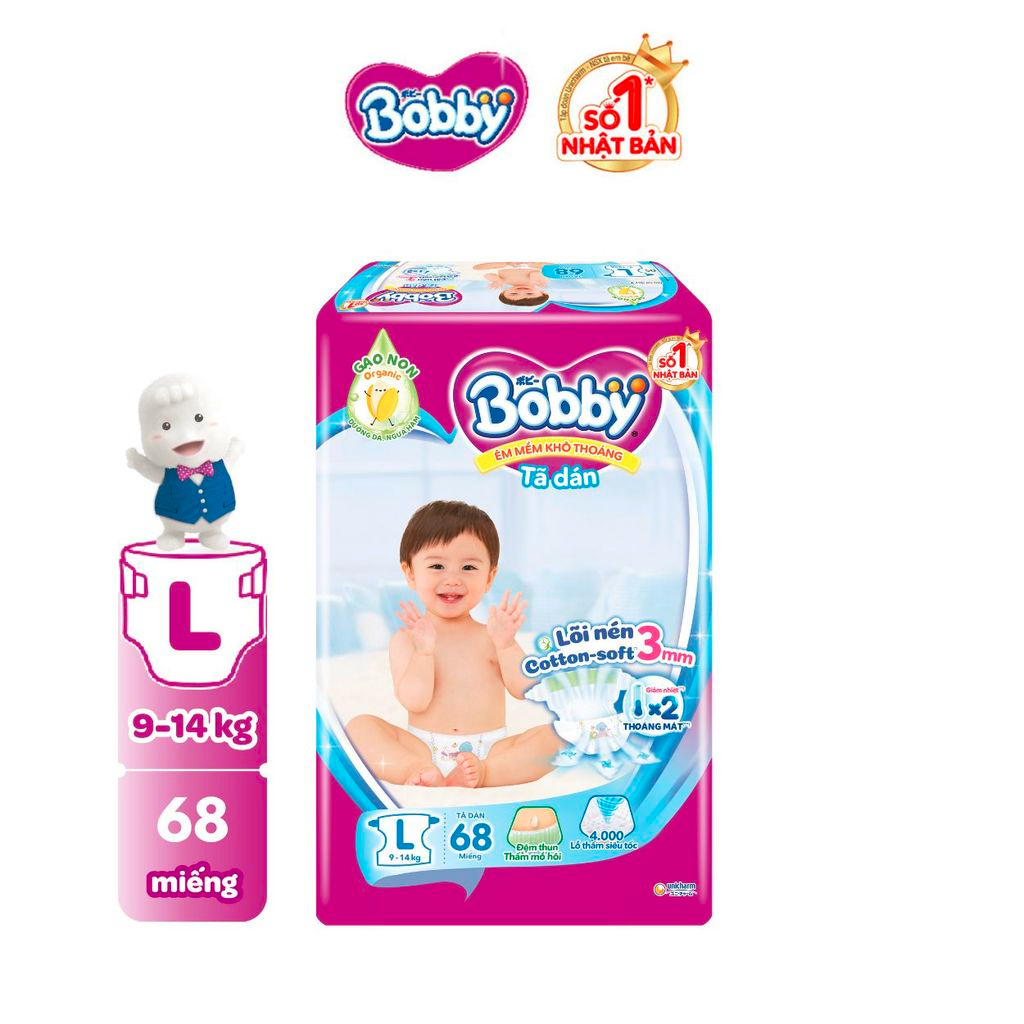 Tã dán Bobby size L cho bé từ 8-15kg lõi nén cotton-soft 3mm