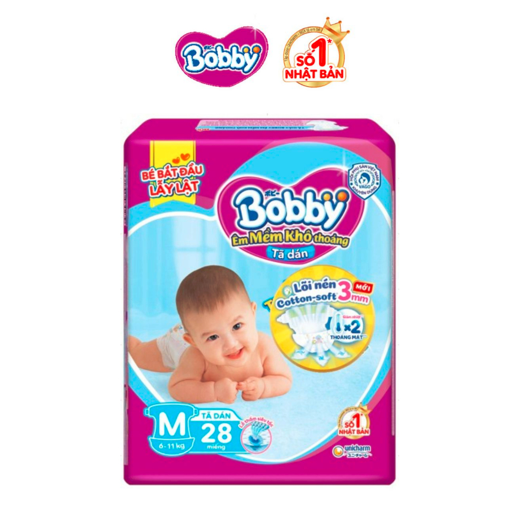 Tã dán Bobby size M cho bé từ 6-11kg lõi nén cotton-soft 3mm