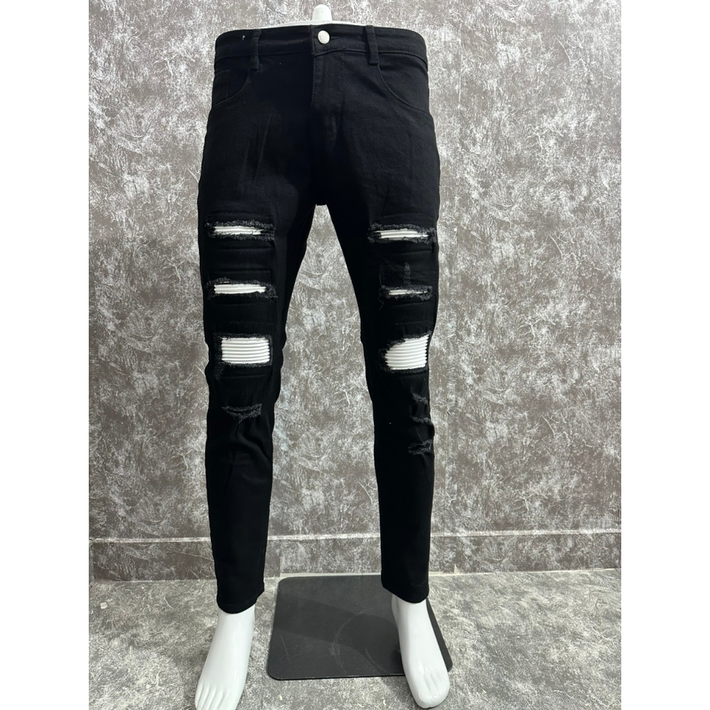 Quần jean nam đen rách vá da nhăn vải jean co giãn mẫu mới cao cấp-AHFASHION